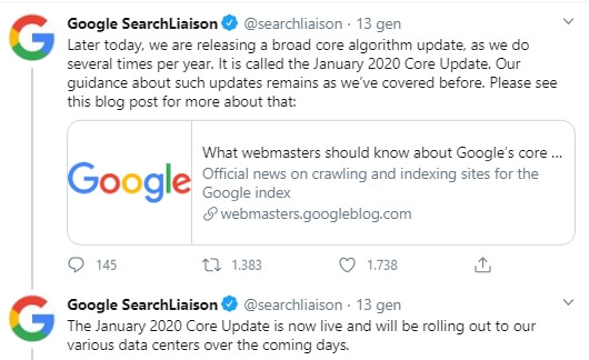 core update gennaio 2020 annunciato da google su twitter